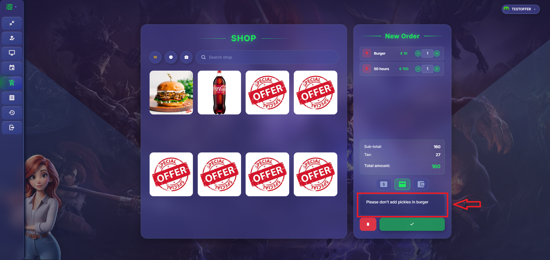 Tienda del cliente con comida, bebidas y ofertas de tiempo en la cesta, con una nota para la cocina